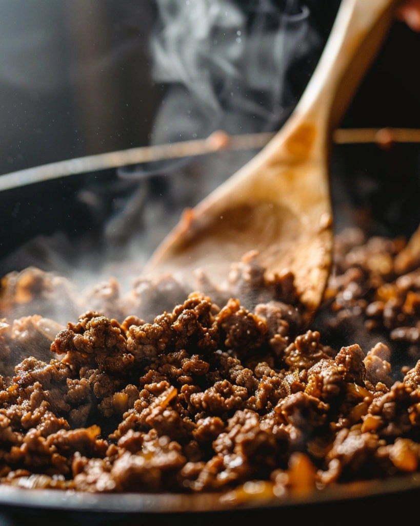 Chili Crockpot: 5 Ingredient Easy Family Dinner 3 Browning ground beef for crockpot chili in a modern kitchen