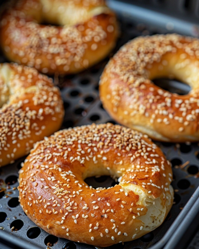 Cottage Cheese Bagels (3-Ingredient Recipe): High-Protein & Easy 3 Four cottage cheese bagels in an air fryer basket with golden crust.