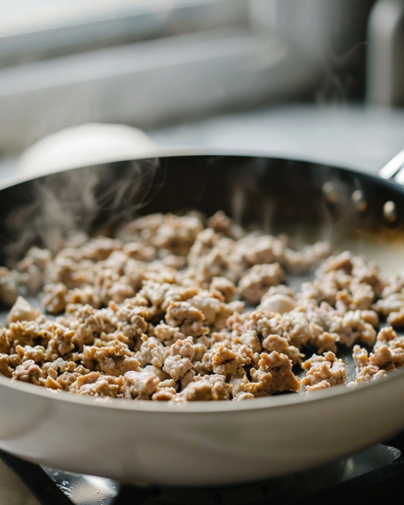 Browning ground turkey in a modern kitchen skillet