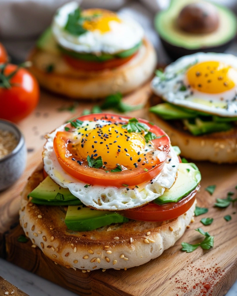 Cottage Cheese Bagels (3-Ingredient Recipe): High-Protein & Easy 4 Stacked cottage cheese bagels with avocado, tomato, and egg.