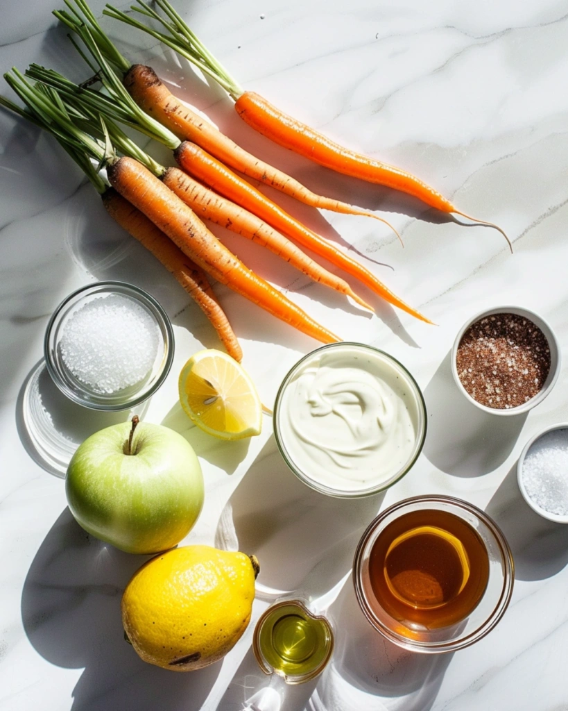 Ingredients for German carrot apple salad on marble