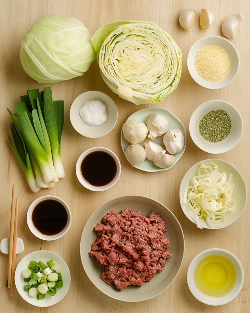 Modern display of ingredients for ground turkey and cabbage stir-fry