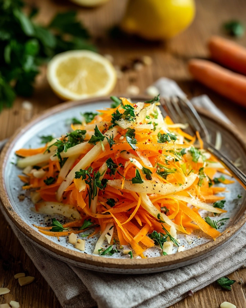 Served German carrot apple salad on a white plate
