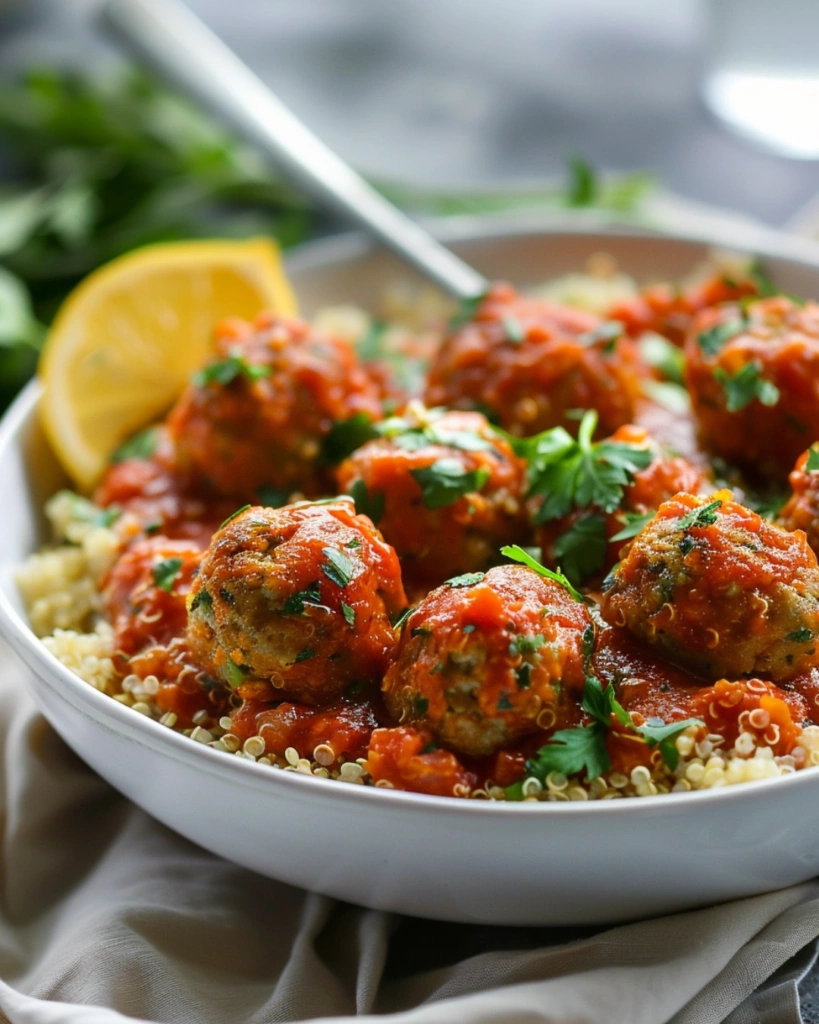 Turkey Meatball Bake with Hidden Veggies: 5 Irresistible Reasons This Healthy Dinner Transforms Busy Weeknights 4 Bowl of turkey meatball bake with hidden veggies served over quinoa with extra tomato sauce and fresh parsley, comforting healthy dinner on a cozy table