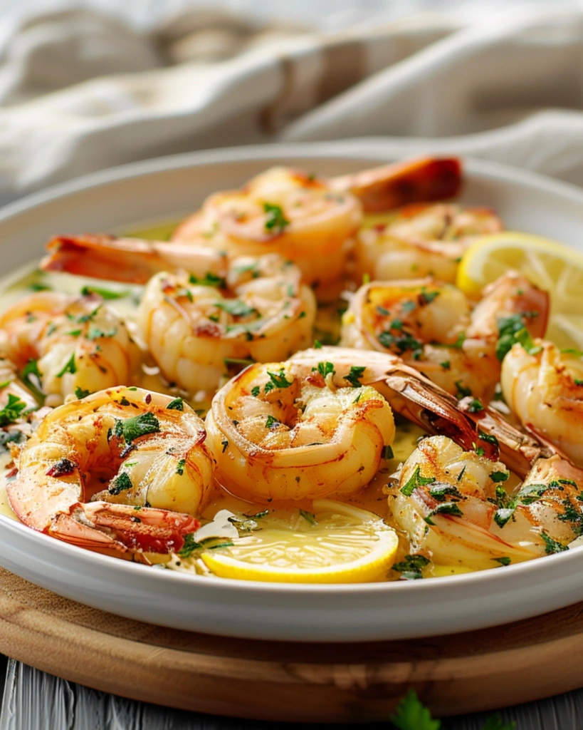 Garlic Butter Shrimp served on a modern dinner table with salad and bread.