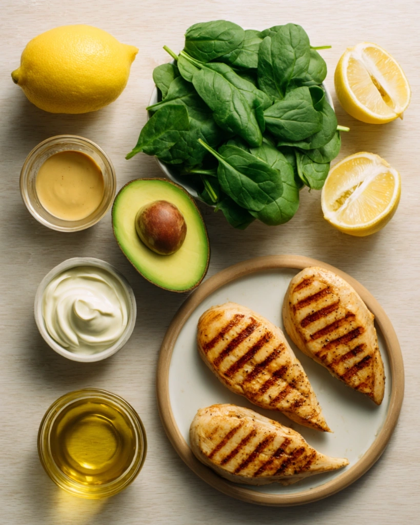 Fresh ingredients for avocado spinach salad with grilled chicken