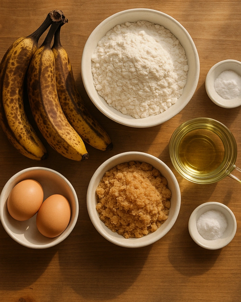 Ingredients for Cottage Cheese Banana Bread arranged neatly on light marble surface