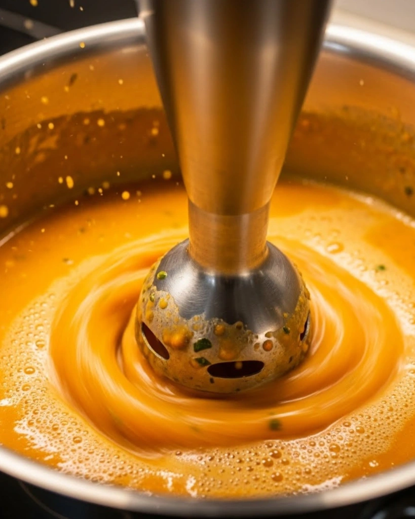 Creamy Carrot Soup: 3 Simple Secrets for Cozy Winter Comfort 3 Pouring creamy carrot soup from blender into ceramic bowl