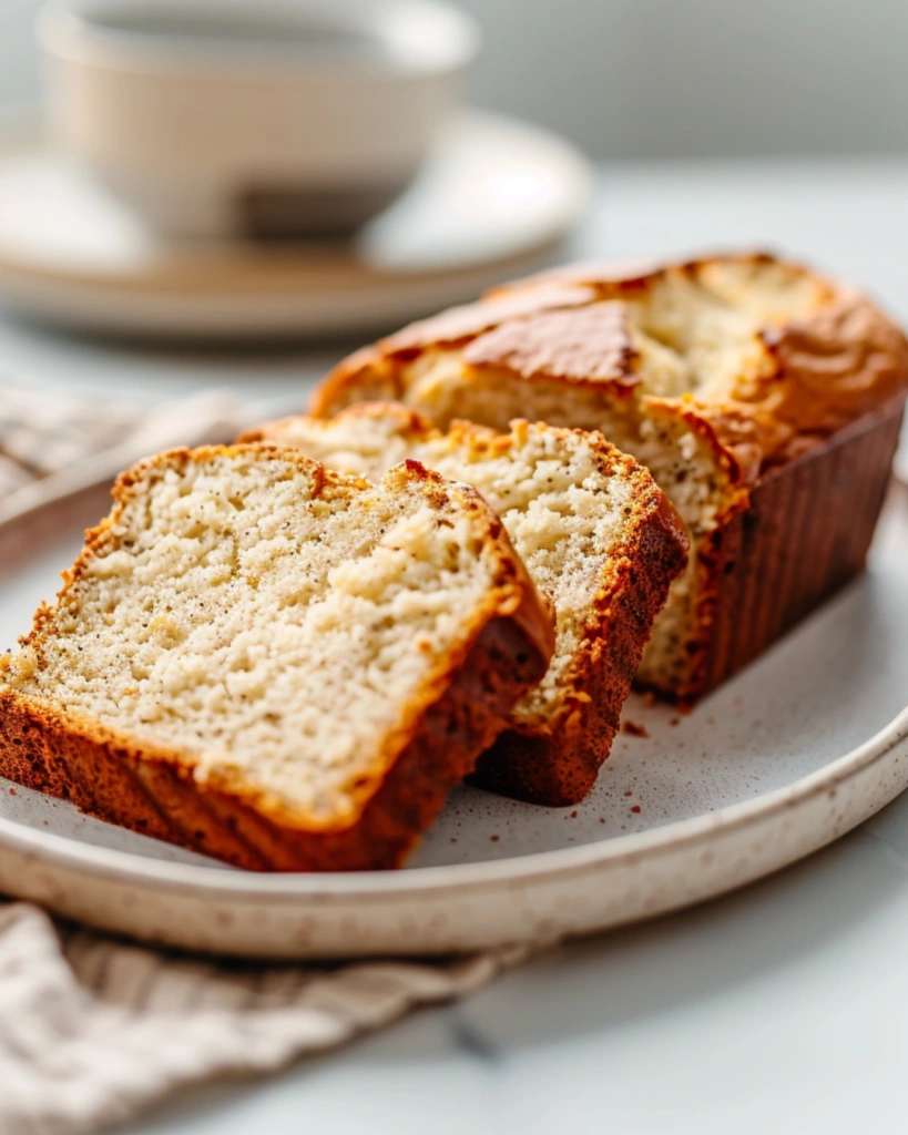 Slice of Cottage Cheese Banana Bread on white plate with coffee in modern kitchen setting