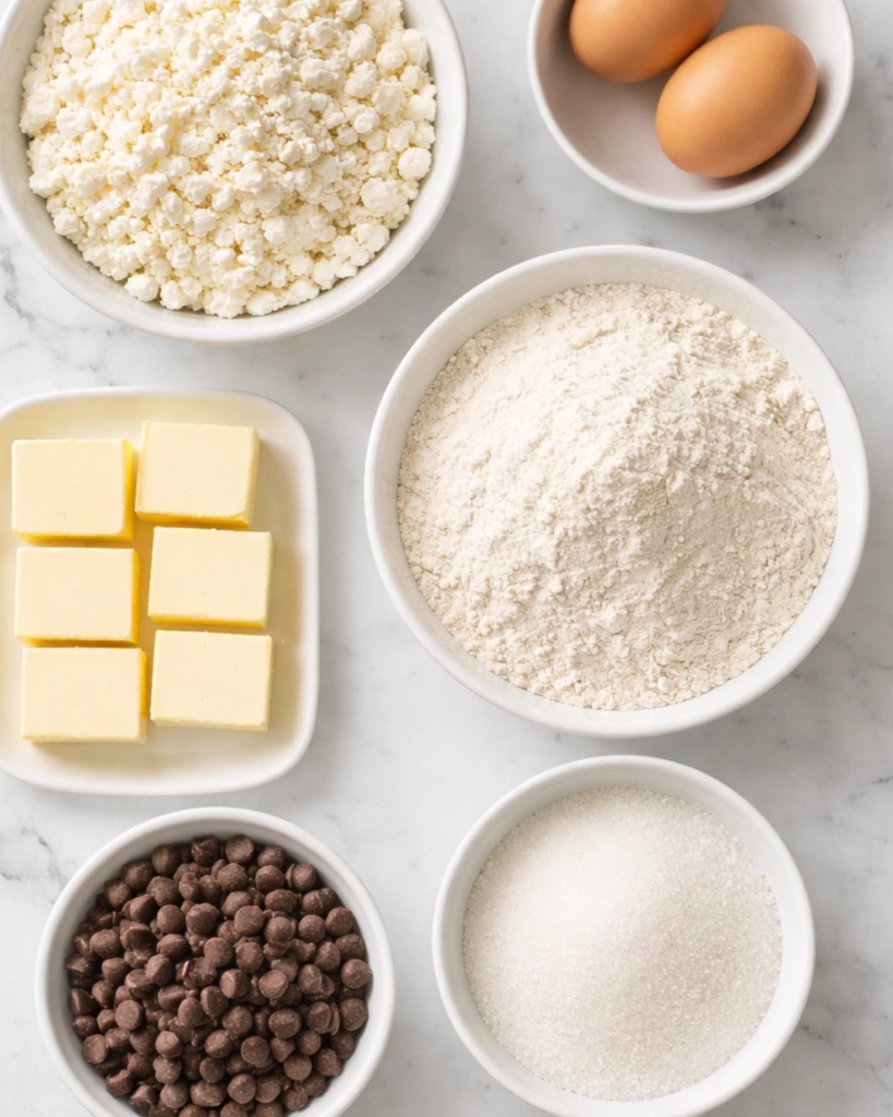 Overhead shot of cottage cheese, butter, sugar, eggs, and chocolate chips on a marble countertop.