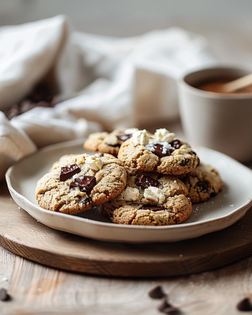 Freshly baked Cottage Cheese Chocolate Cookies served on a ceramic plate with a cup of coffee.