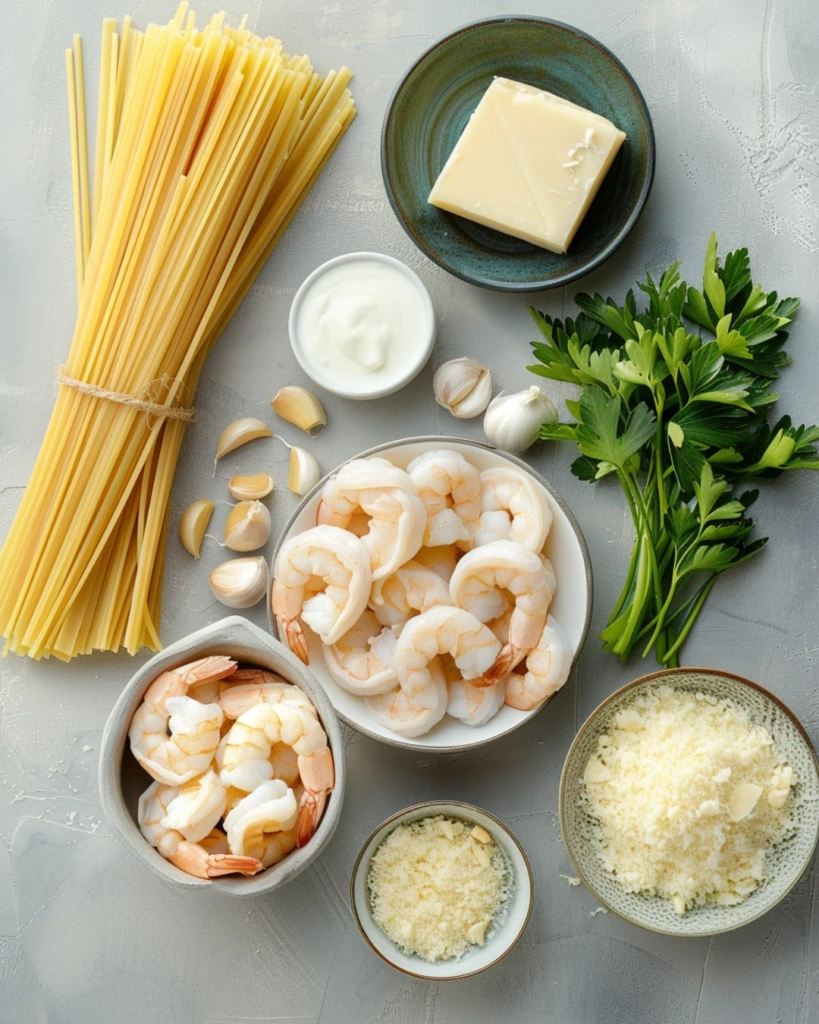 Ingredients for Creamy Shrimp Pasta arranged on wooden surface