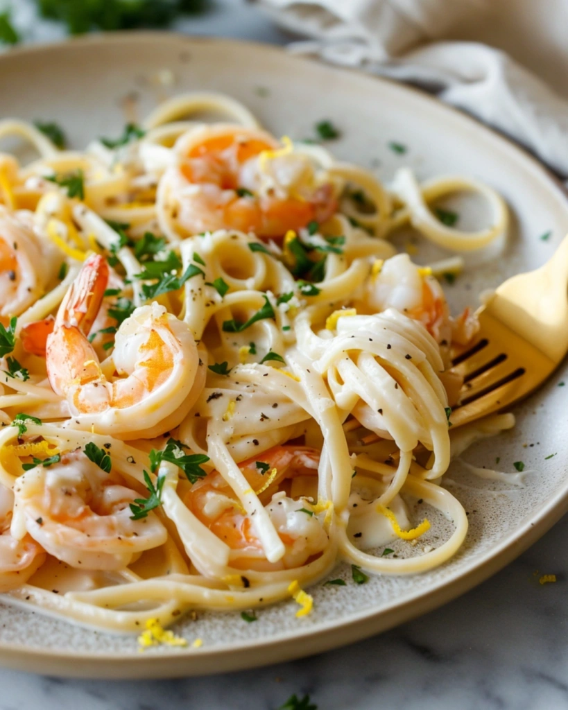 Creamy Shrimp Pasta plated beautifully with herbs and parmesan