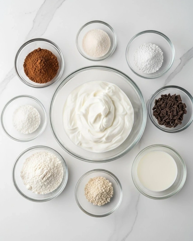 Flat lay of ingredients for zero sugar brownies with Greek yogurt