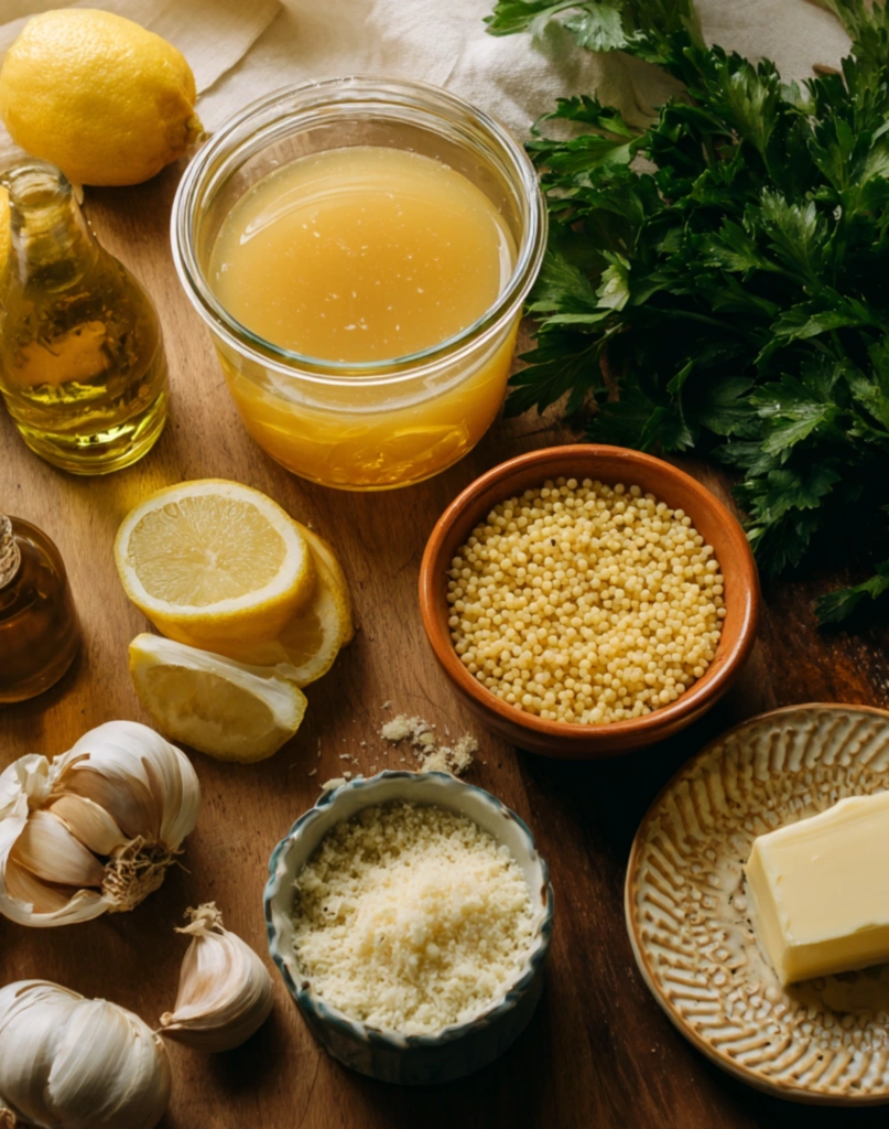 Flat lay of Italian Penicillin Soup ingredients with olive oil and garlic