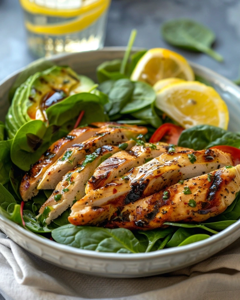 Served avocado spinach salad with grilled chicken and lemon water