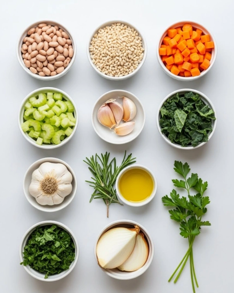 Sardinian Longevity Soup: 5 Powerful Benefits for a Healthier Life 2 Flat lay of Sardinian longevity soup ingredients including beans, barley, vegetables, herbs