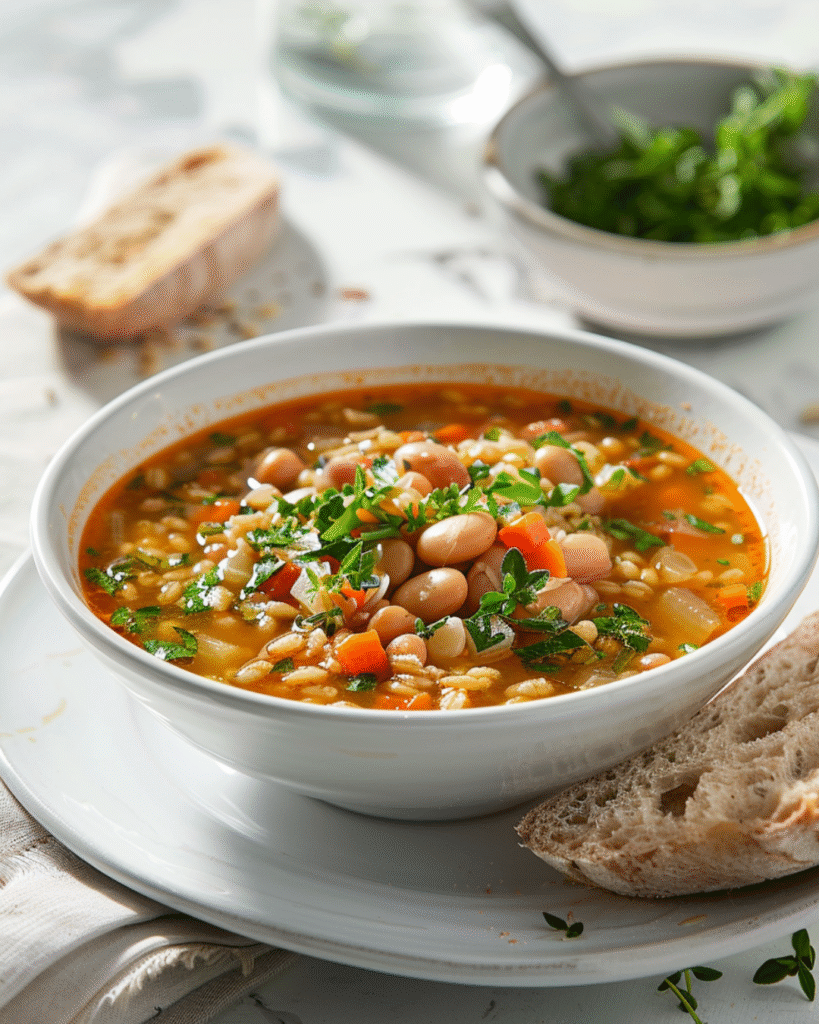 Sardinian Longevity Soup: 5 Powerful Benefits for a Healthier Life 4 A serving bowl of Sardinian longevity soup with whole grain bread on the side.