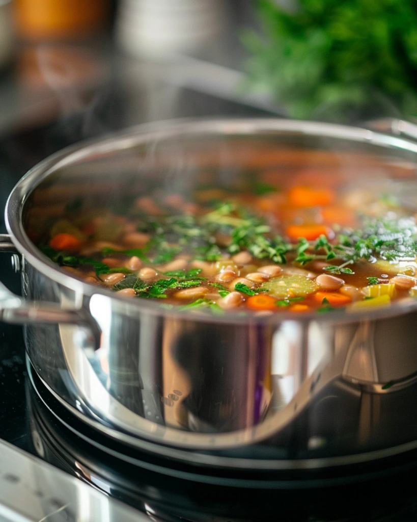 Sardinian Longevity Soup: 5 Powerful Benefits for a Healthier Life 3 Sardinian longevity soup simmering in a stainless-steel pot with beans, grains, vegetables, and herbs.