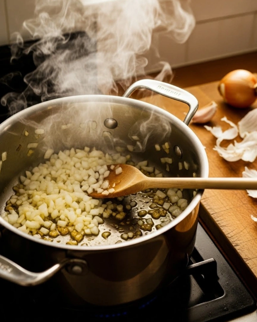 Spinach and White Bean Soup: 5 Simple Wellness Secrets 3 Sautéing garlic and onions for Spinach and White Bean Soup in a modern kitchen