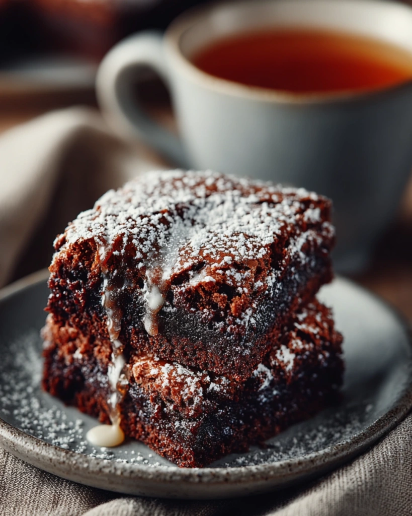 Served brownies on a dessert plate with tea in a cozy kitchen