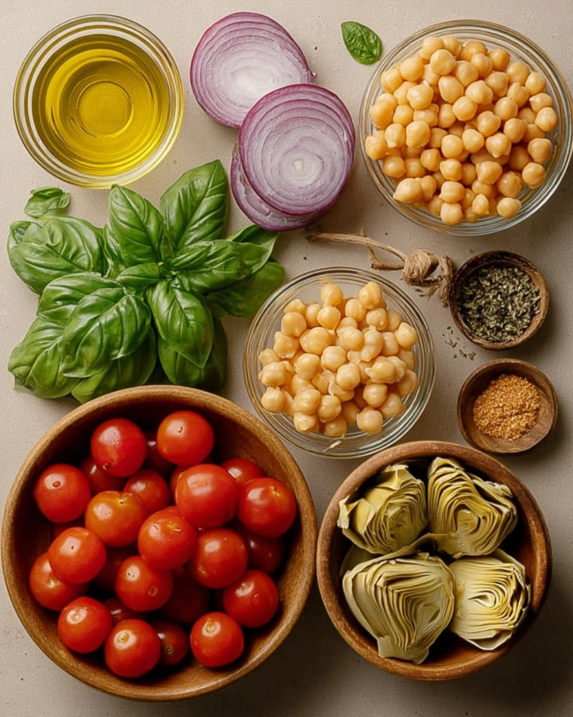 Tuscan Tomato Salad: 5-Minute Freshness,Simple & Nourishing 2 Flat lay of ingredients for Tuscan tomato salad including cherry tomatoes, basil, chickpeas, and artichokes