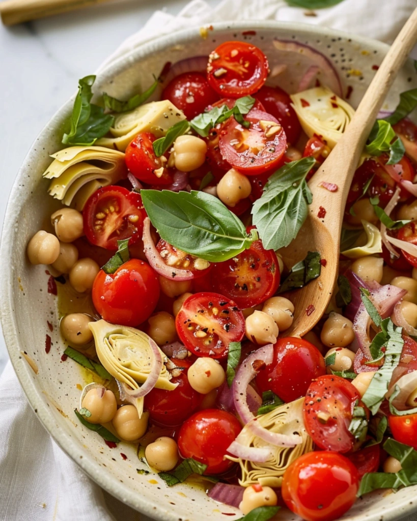 Tuscan Tomato Salad: 5-Minute Freshness,Simple & Nourishing 4 Tuscan tomato salad served in a white bowl with fresh basil and wooden spoon