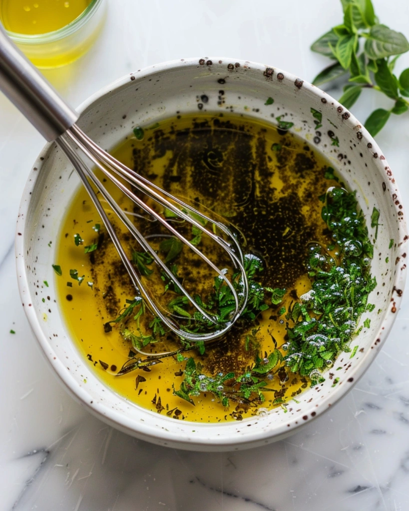 Tuscan Tomato Salad: 5-Minute Freshness,Simple & Nourishing 3 Whisking red wine vinaigrette in a glass bowl for Tuscan tomato salad