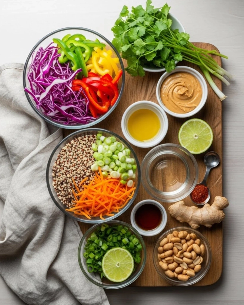 Fresh ingredients for Crunchy Thai Quinoa Salad with Peanut Dressing