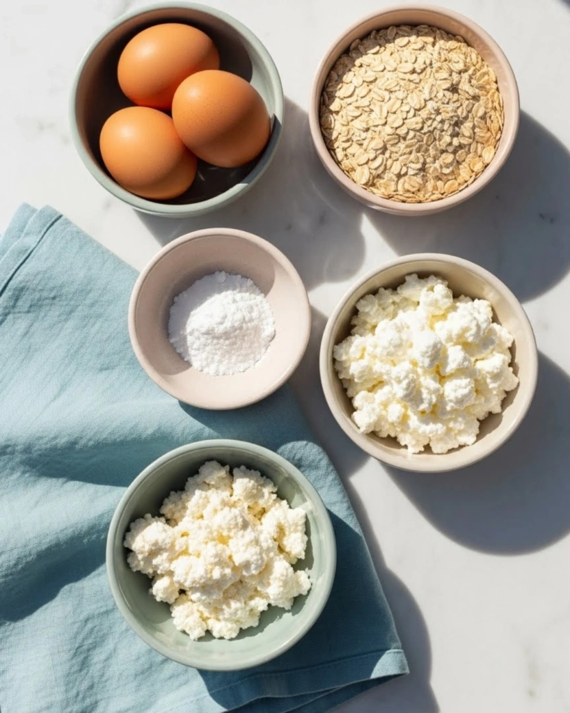 Modern flat lay of ingredients for gluten free cottage cheese pancakes.