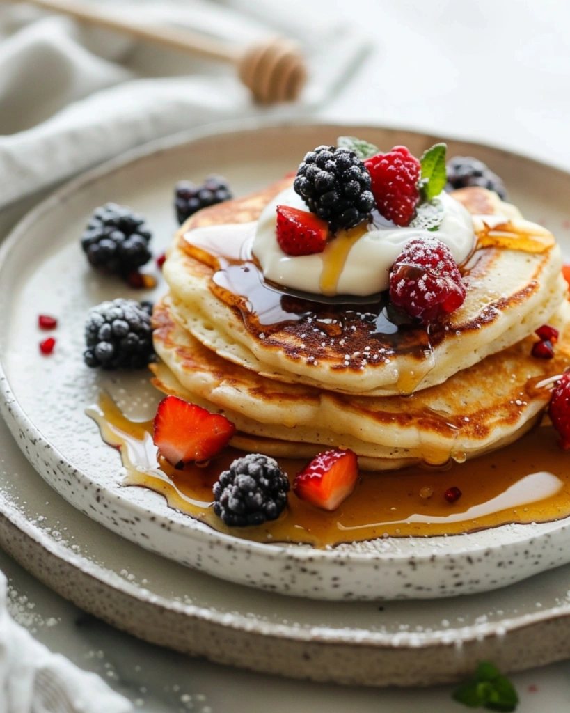 Modern serving of gluten free cottage cheese pancakes with yogurt and honey.