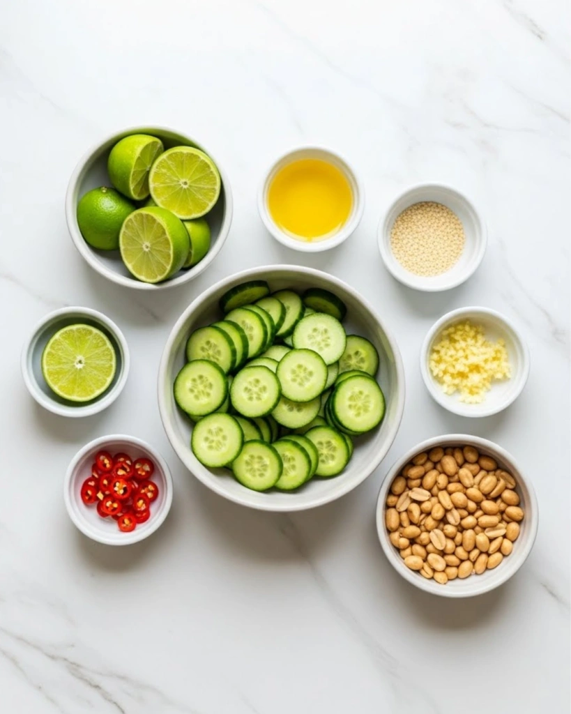 Thai Cucumber Salad: 5-Minute Amazing Fresh Flavor Recipe 2 Ingredients for Thai salad recipe neatly arranged on marble surface