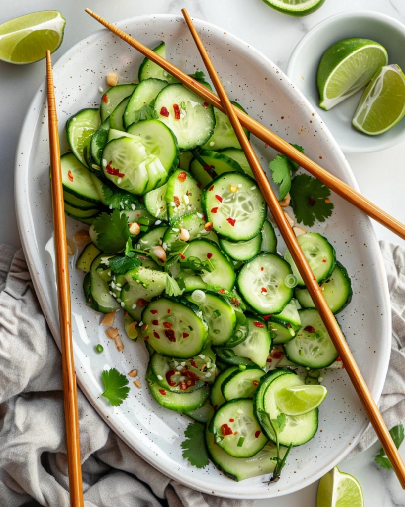 Thai Cucumber Salad: 5-Minute Amazing Fresh Flavor Recipe 3 Modern Thai cucumber salad served with lime wedges and chopsticks