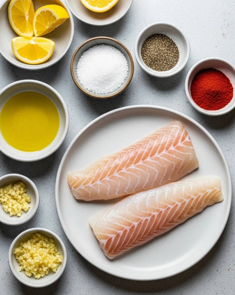 Air Fryer Fish Fillets Recipe: Easy Crispy Fish in 15 Minutes 2 Ingredients for air fryer fish fillets including cod, spices and lemon