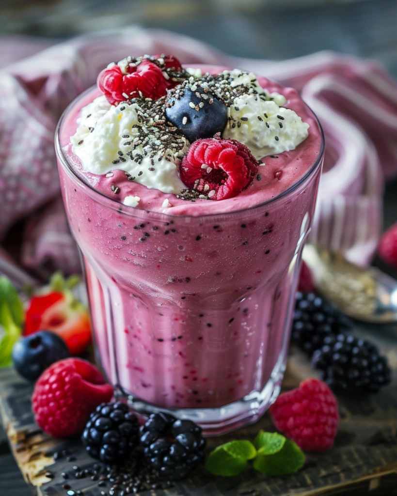 Berry Cottage Cheese Smoothie: 3 Irresistible Benefits You Need 3 berry cottage cheese smoothie with toppings and chia seeds