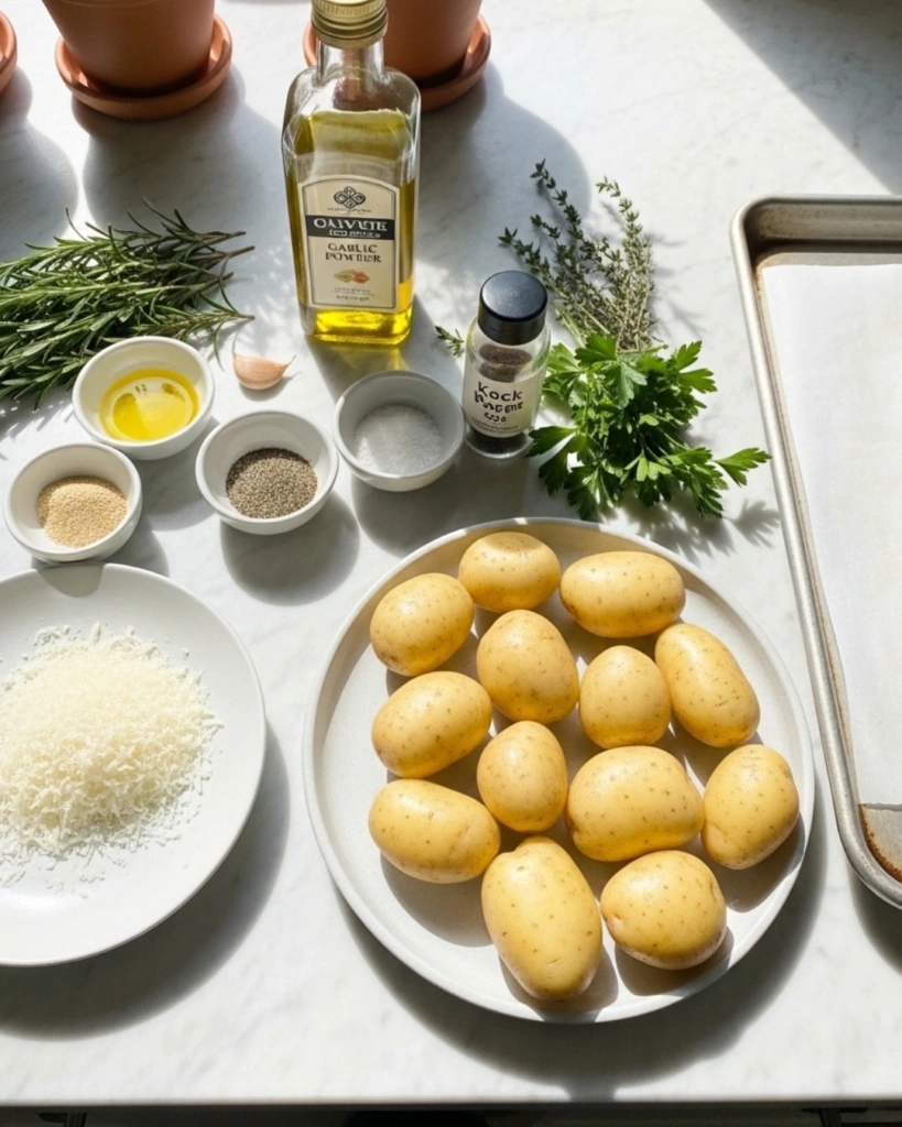 Ingredients for crispy garlic parmesan potatoes including baby yellow potatoes parmesan olive oil and herbs
