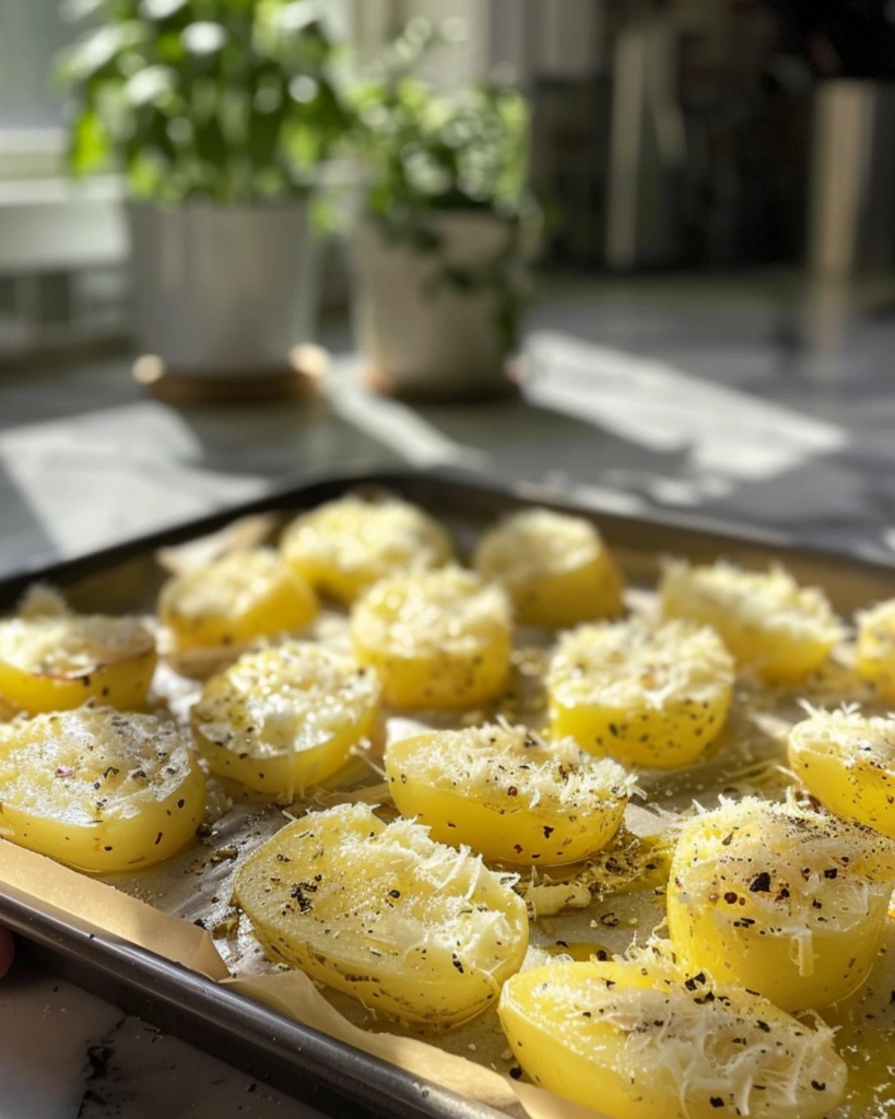 Baby yellow potatoes pressed into parmesan on a parchment-lined baking sheet before roasting