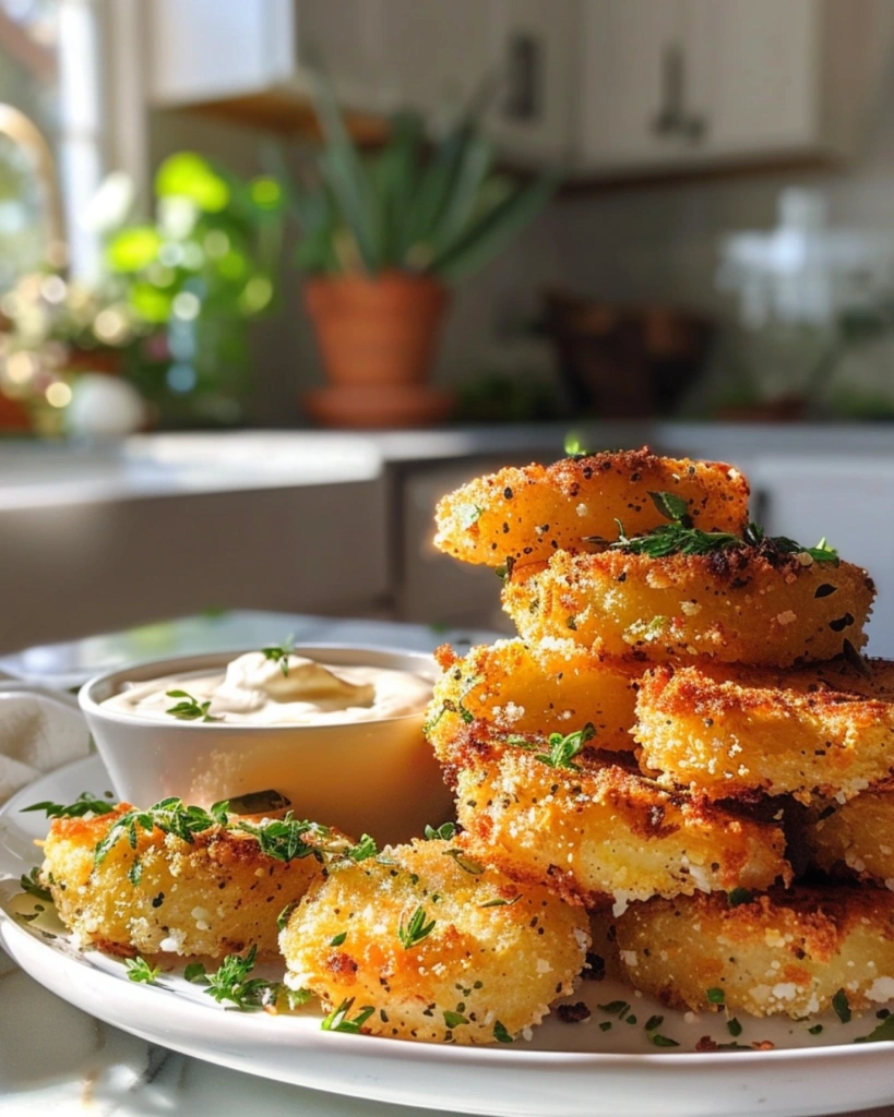 Plated crispy garlic parmesan potatoes with herbs and a golden cheesy crust