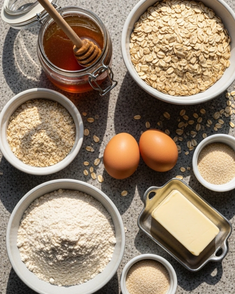 Ingredients for gluten-free honey oat bread including oats, honey, eggs and gluten-free flour.
