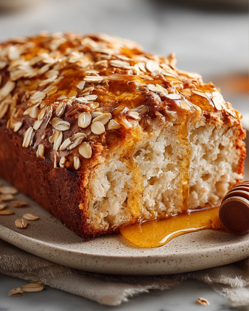 Toasted gluten-free honey oat bread with butter and honey drizzle.