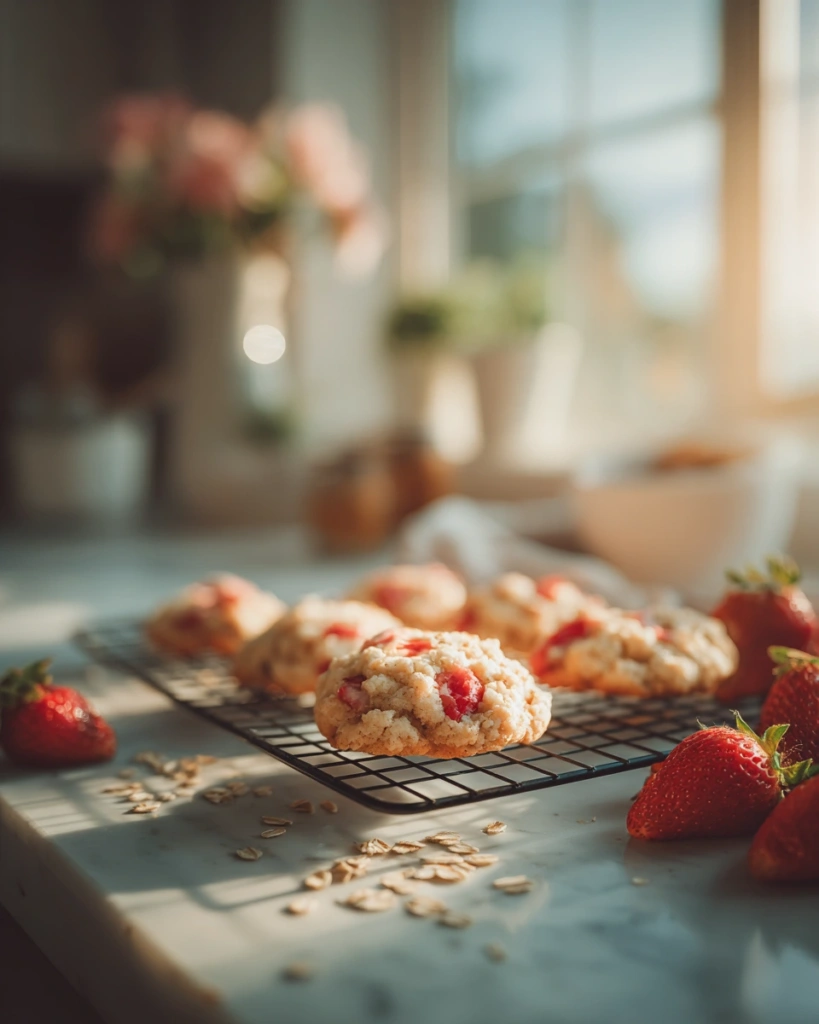 Perfect Strawberry Oatmeal Cookies: Easy Healthy Ready in 30 Minutes 2 Healthy strawberry oatmeal cookies served with Greek yogurt in a modern kitchen