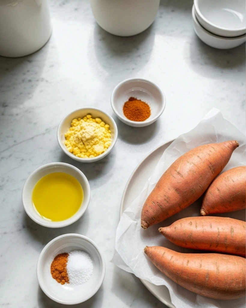 Ingredients for crispy oven baked sweet potato fries including sweet potatoes cornstarch olive oil paprika and cinnamon
