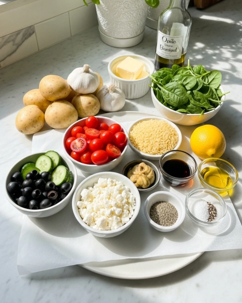 Ingredients for orzo salad including orzo tomatoes cucumber olives feta spinach and lemon dressing items
