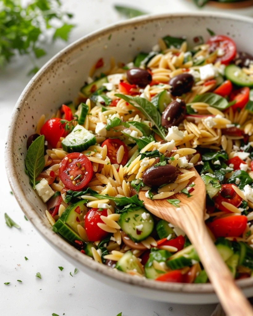 Orzo salad being tossed in a bowl with vegetables olives feta and spinach
