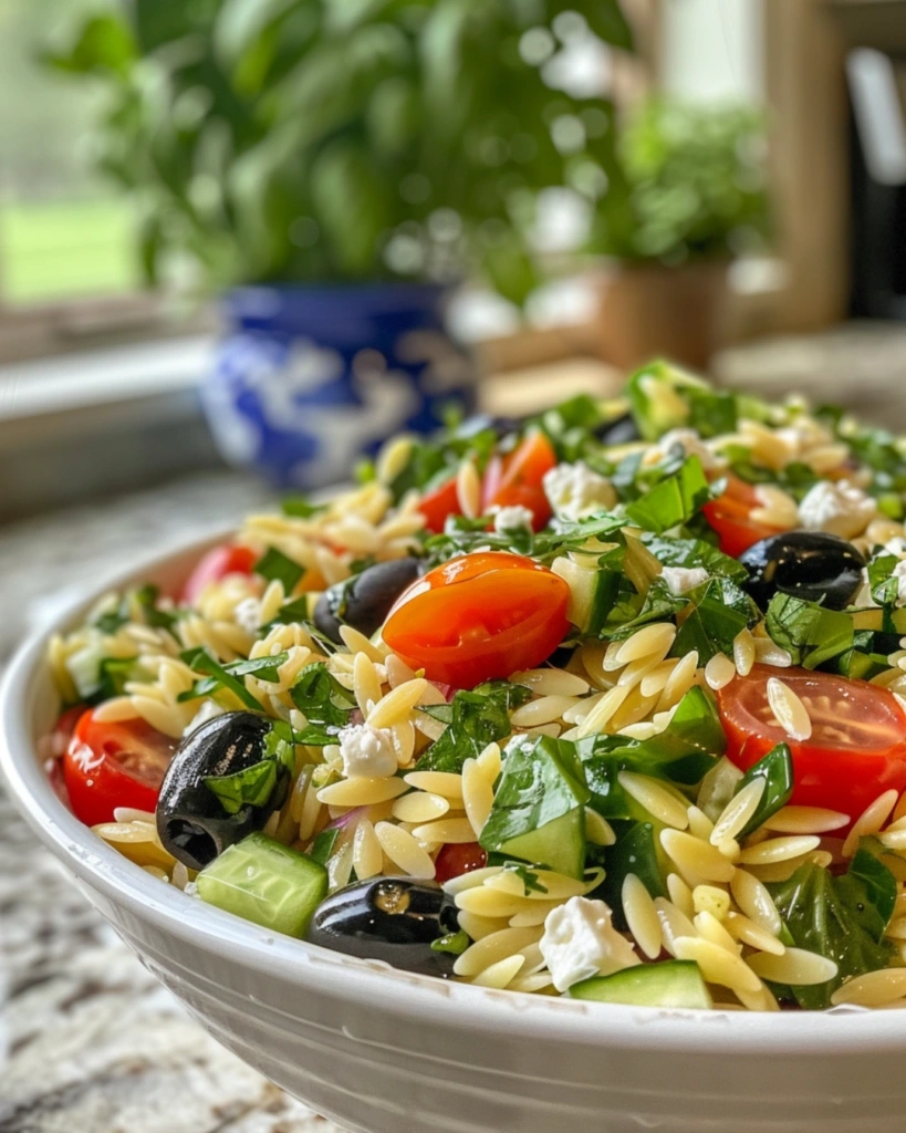 Serving bowl of orzo salad topped with feta and lemon wedges on the side