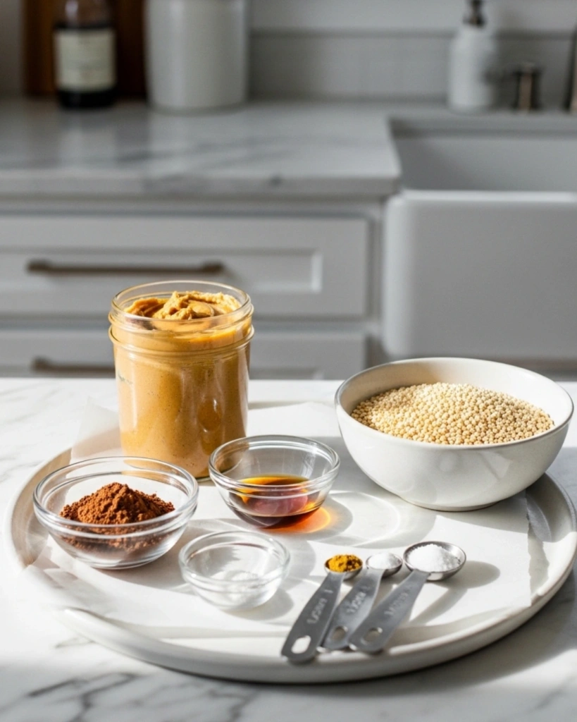 Chocolate Peanut Butter Quinoa Crunch Bites: 5 Healthy No-Bake Treat Ideas 2 Ingredients for chocolate peanut butter quinoa crunch bites including peanut butter cacao maple syrup and quinoa puffs