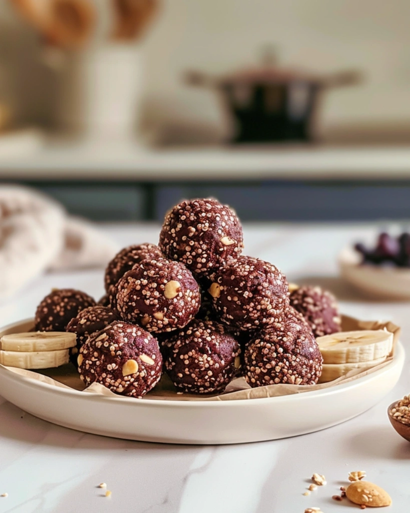 Chocolate Peanut Butter Quinoa Crunch Bites: 5 Healthy No-Bake Treat Ideas 3 Chocolate peanut butter quinoa crunch bites served with berries and banana slices on a snack plate