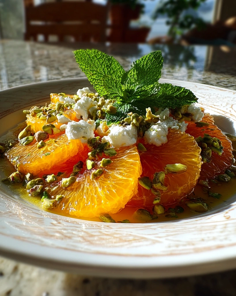 Citrus feta salad served on plate with orange and pistachios