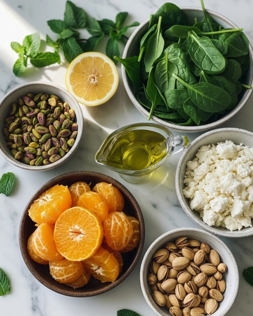 Ingredients for citrus feta salad with oranges and pistachios