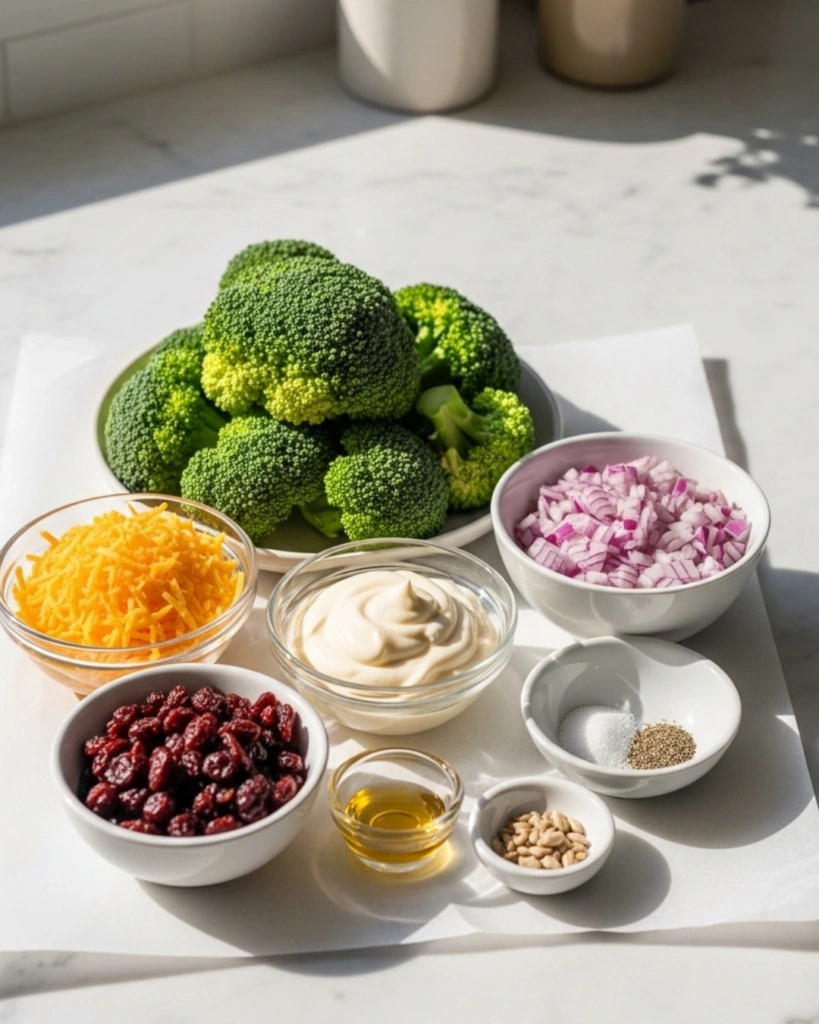 Close-up forkful of creamy broccoli cheddar salad with cranberries and red onion